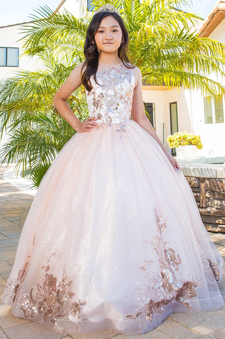 Mini Quince glitter tulle ball gown with golden sequin appliqué – Cinderella Couture 5118 Blush, Red, Royal | www.snkdress.com