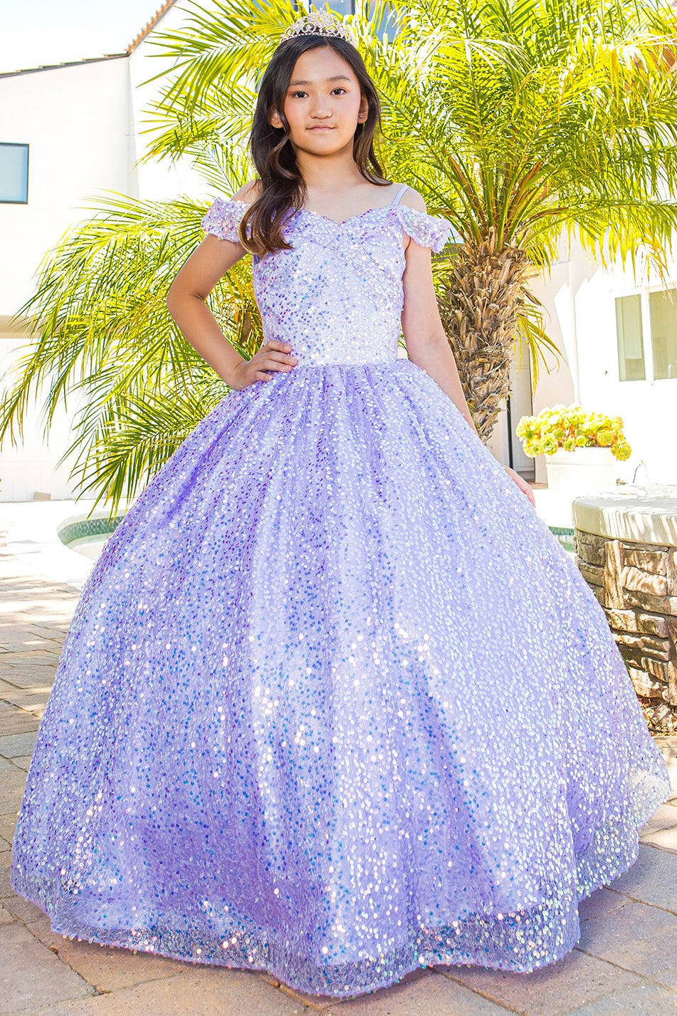 Mini Quince glitter tulle ball gown with golden sequin appliqué – Bliss Cinderella Couture 5123 Blush, Red, Royal | www.snkdress.com