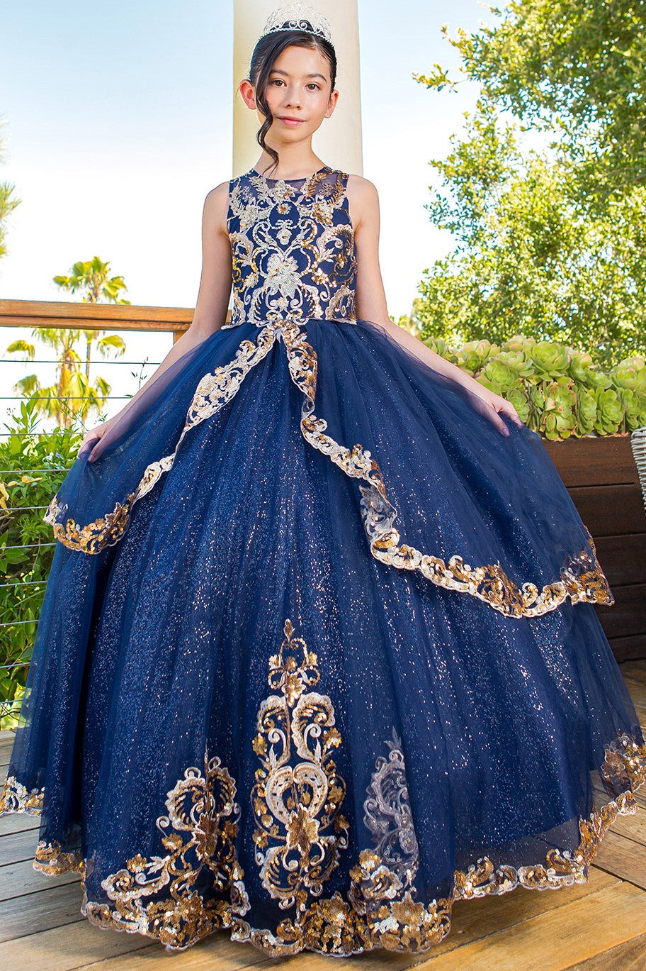 Mini Quince satin glittered tulle dress with golden lace | www.snkdress.com