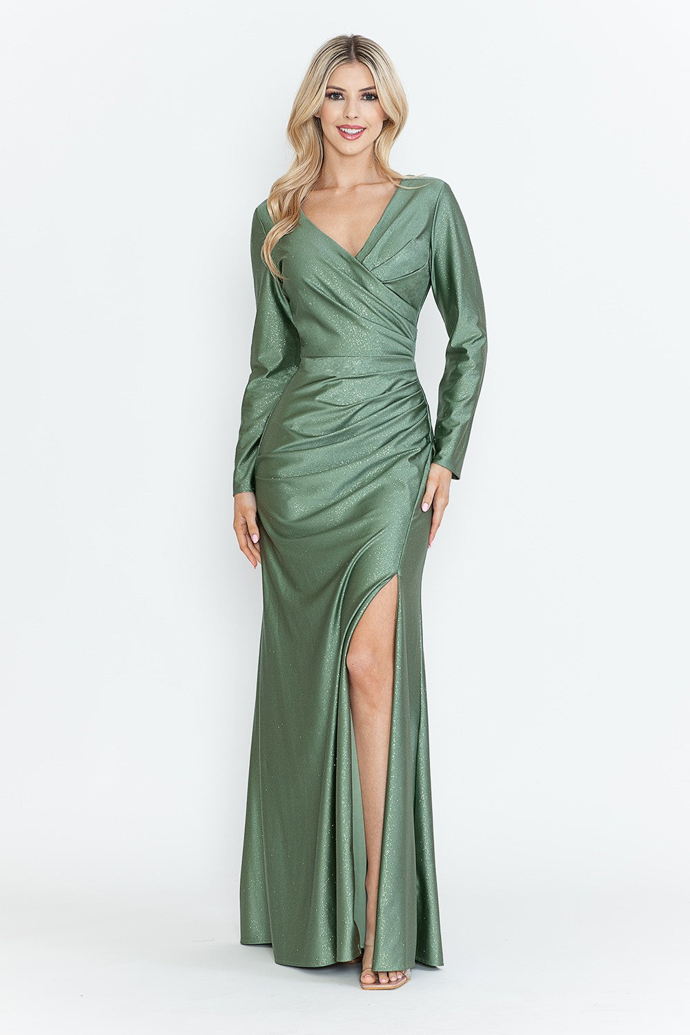 Long Sleeve Glitter Ruched Formal Dress by Lenovia 5323