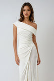 Model wearing Ladivine T805 white one shoulder ruched gown with draped skirt