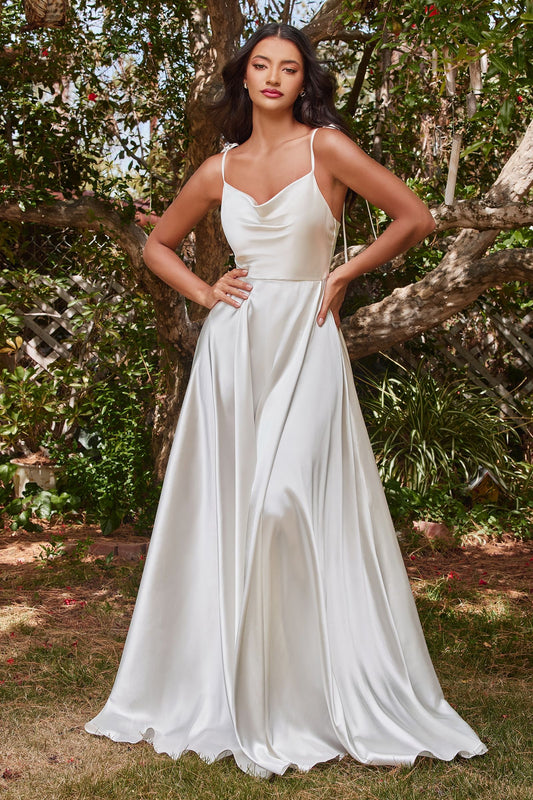 Ladivine BD104W off white satin A-line gown with cowl neckline