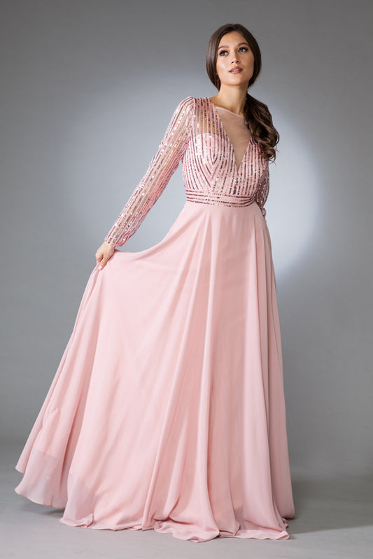 V-neck dress made of chiffon with long sleeves and sequin dresses by Amelia Couture By 7036