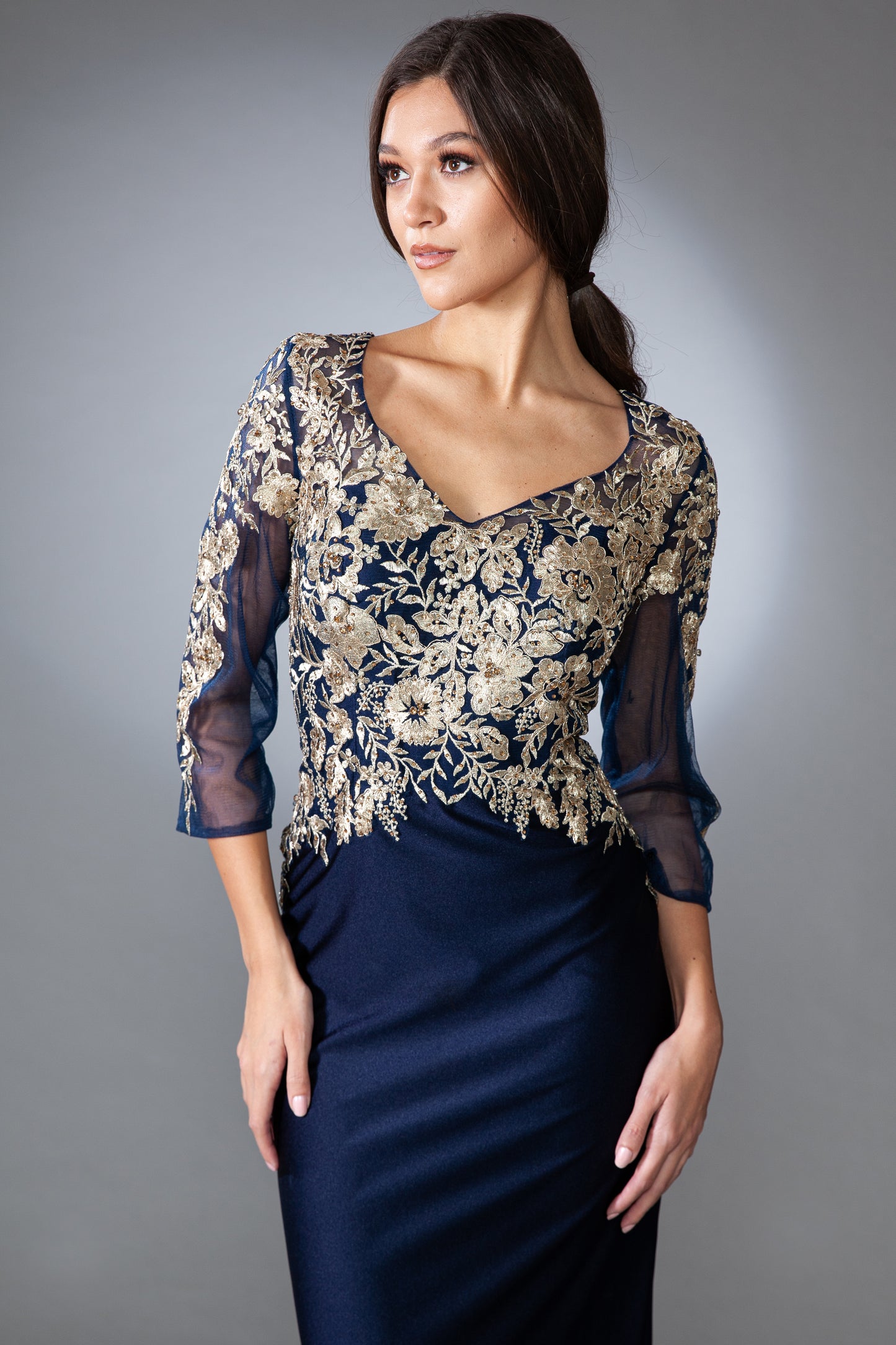 Heath chiffon dress: 3/4 sleeves, floral lace embroidery BY Amelia Couture 7039