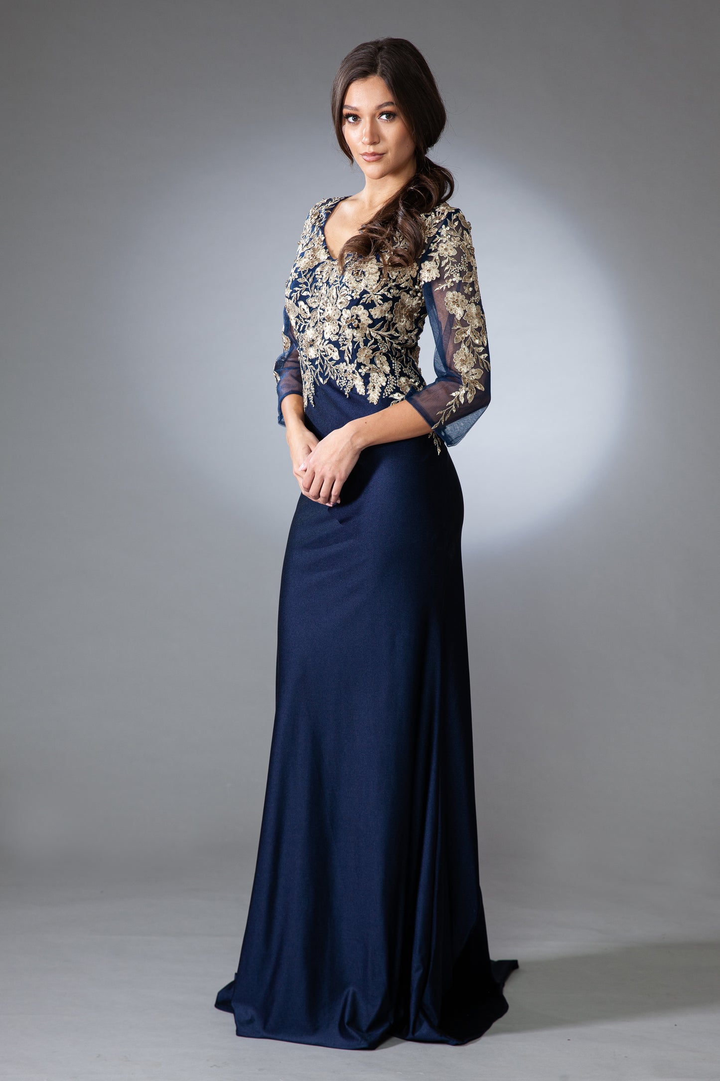 Heath chiffon dress: 3/4 sleeves, floral lace embroidery BY Amelia Couture 7039