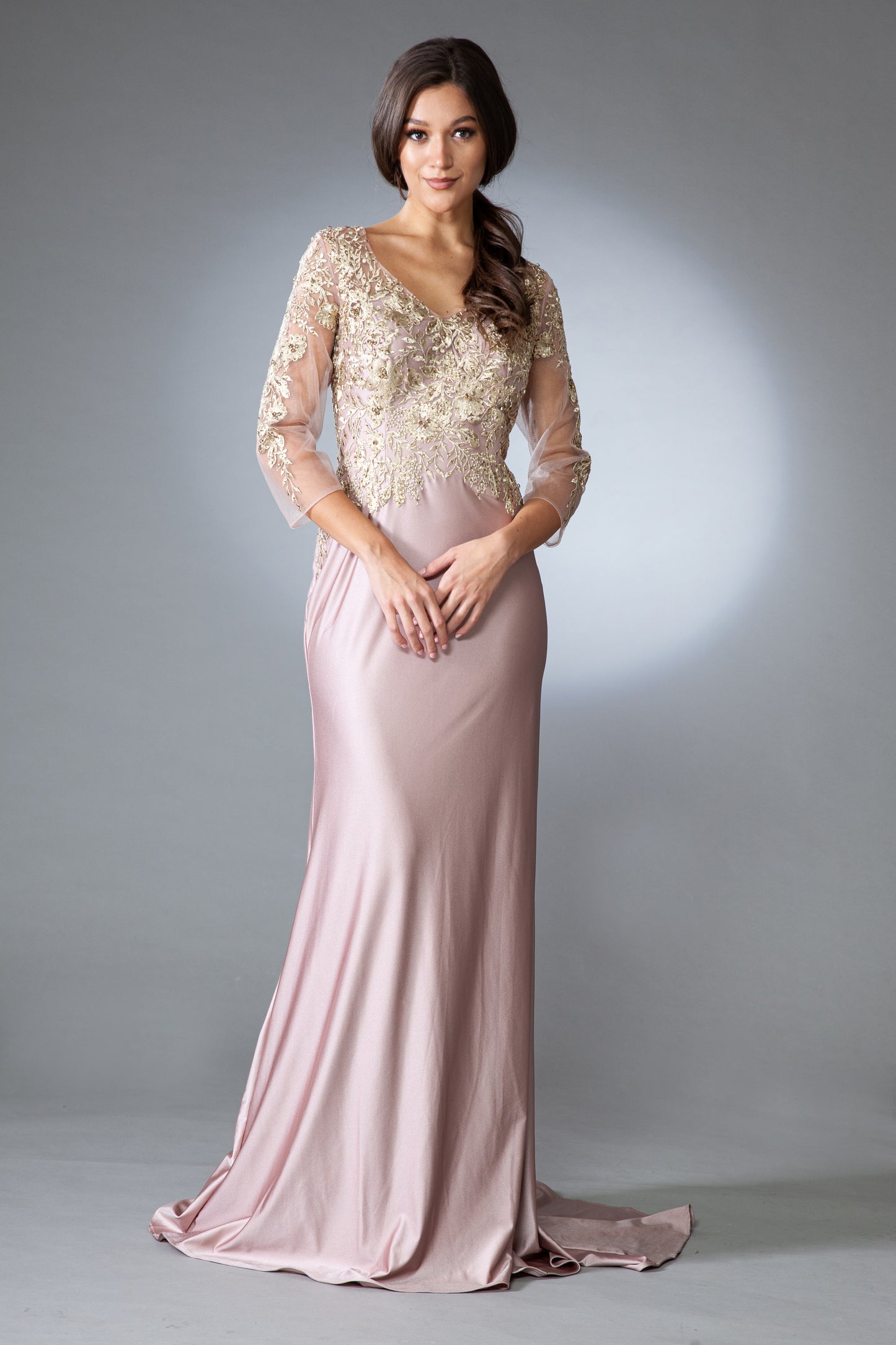 Heath chiffon dress: 3/4 sleeves, floral lace embroidery BY Amelia Couture 7039