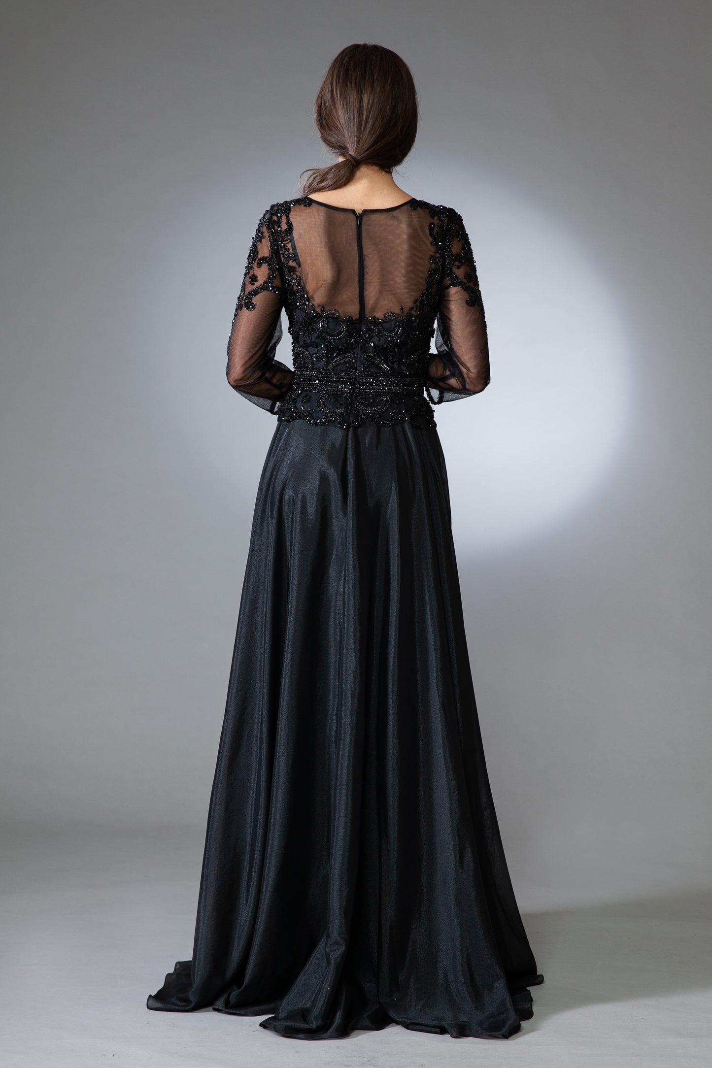 Beaded 3/4 sleeve velvet chiffon gown  by Amelia Couture 7041