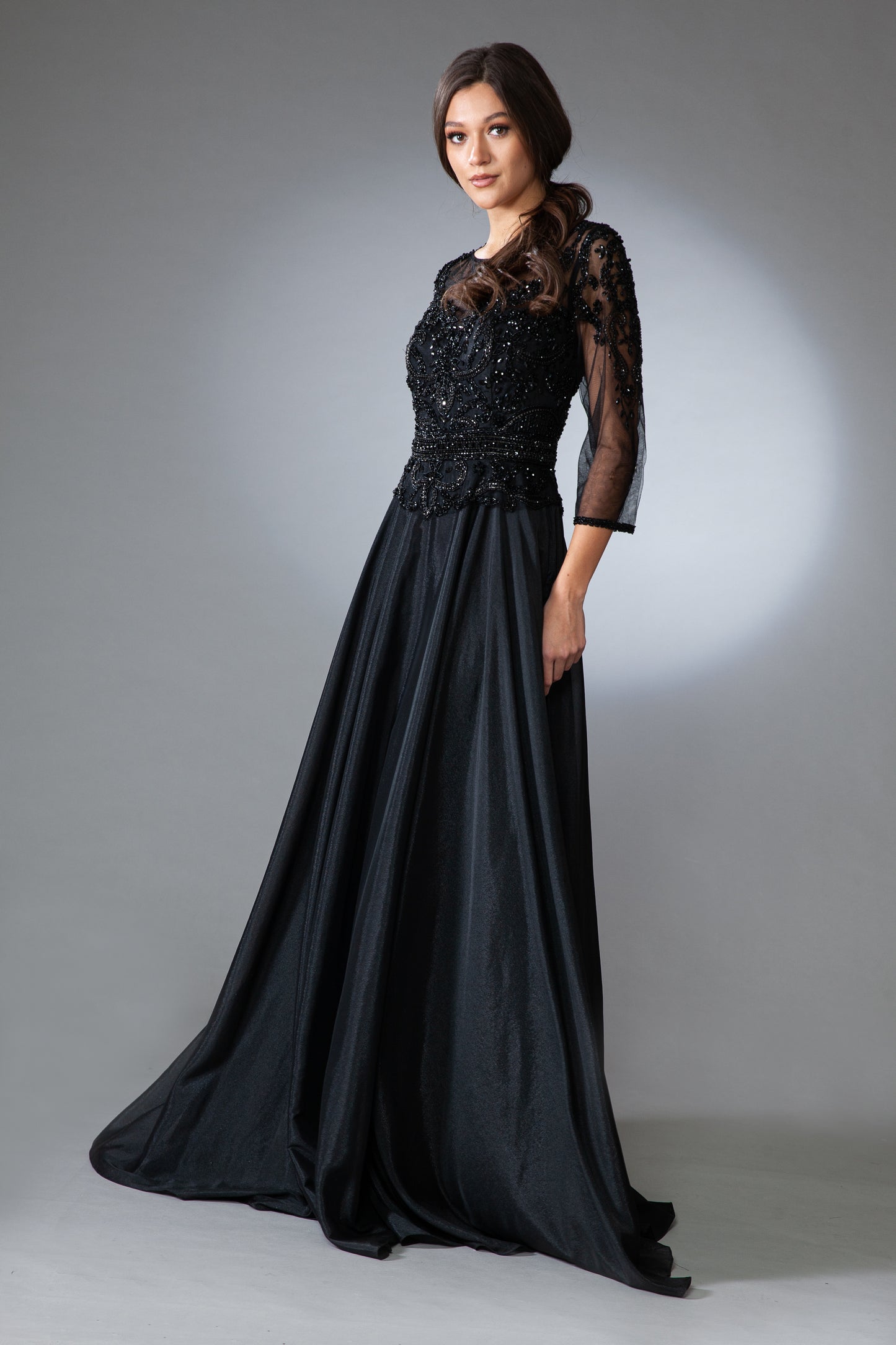 Beaded 3/4 sleeve velvet chiffon gown  by Amelia Couture 7041