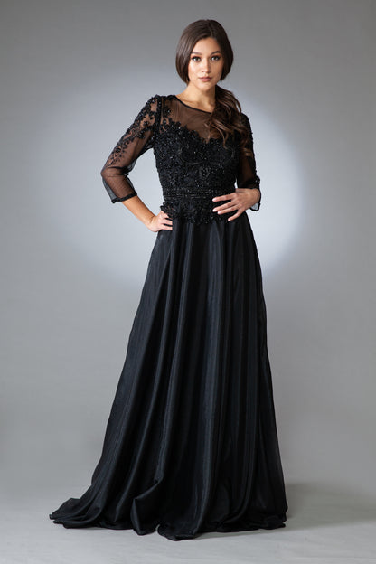 Beaded 3/4 sleeve velvet chiffon gown  by Amelia Couture 7041