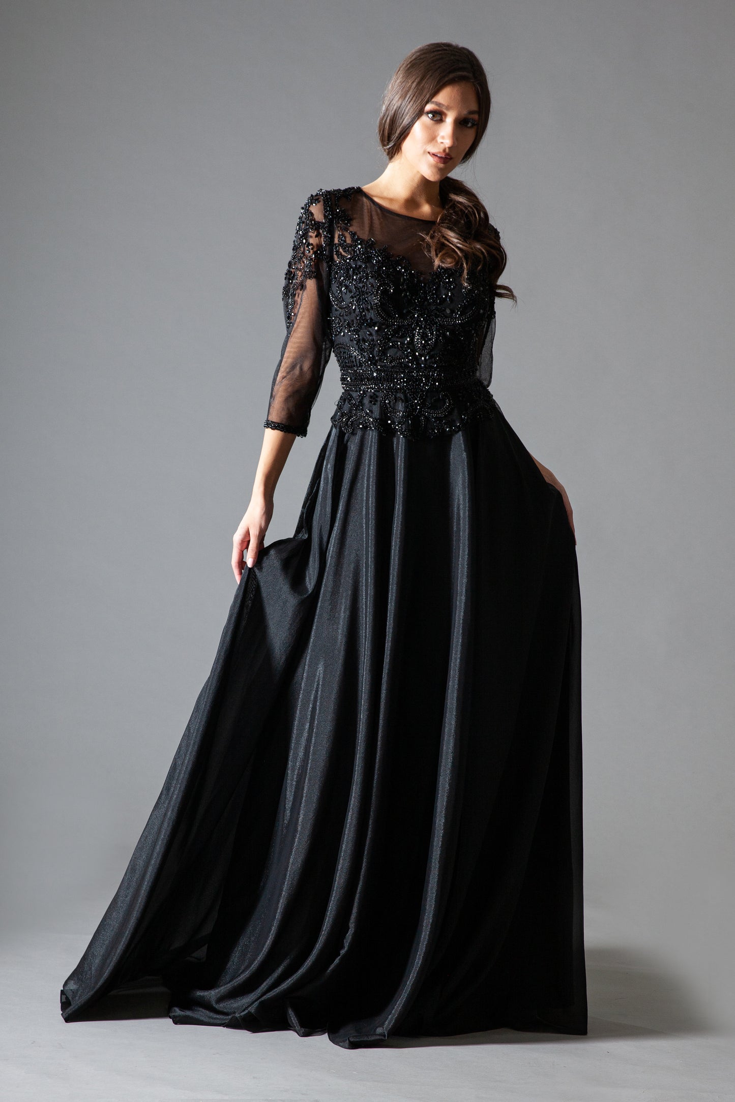 Beaded 3/4 sleeve velvet chiffon gown  by Amelia Couture 7041