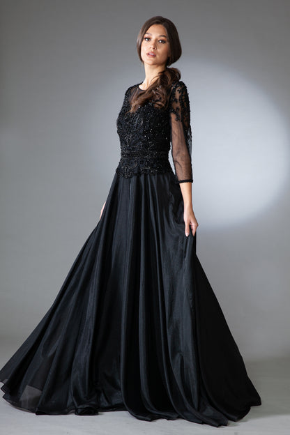 Beaded 3/4 sleeve velvet chiffon gown  by Amelia Couture 7041