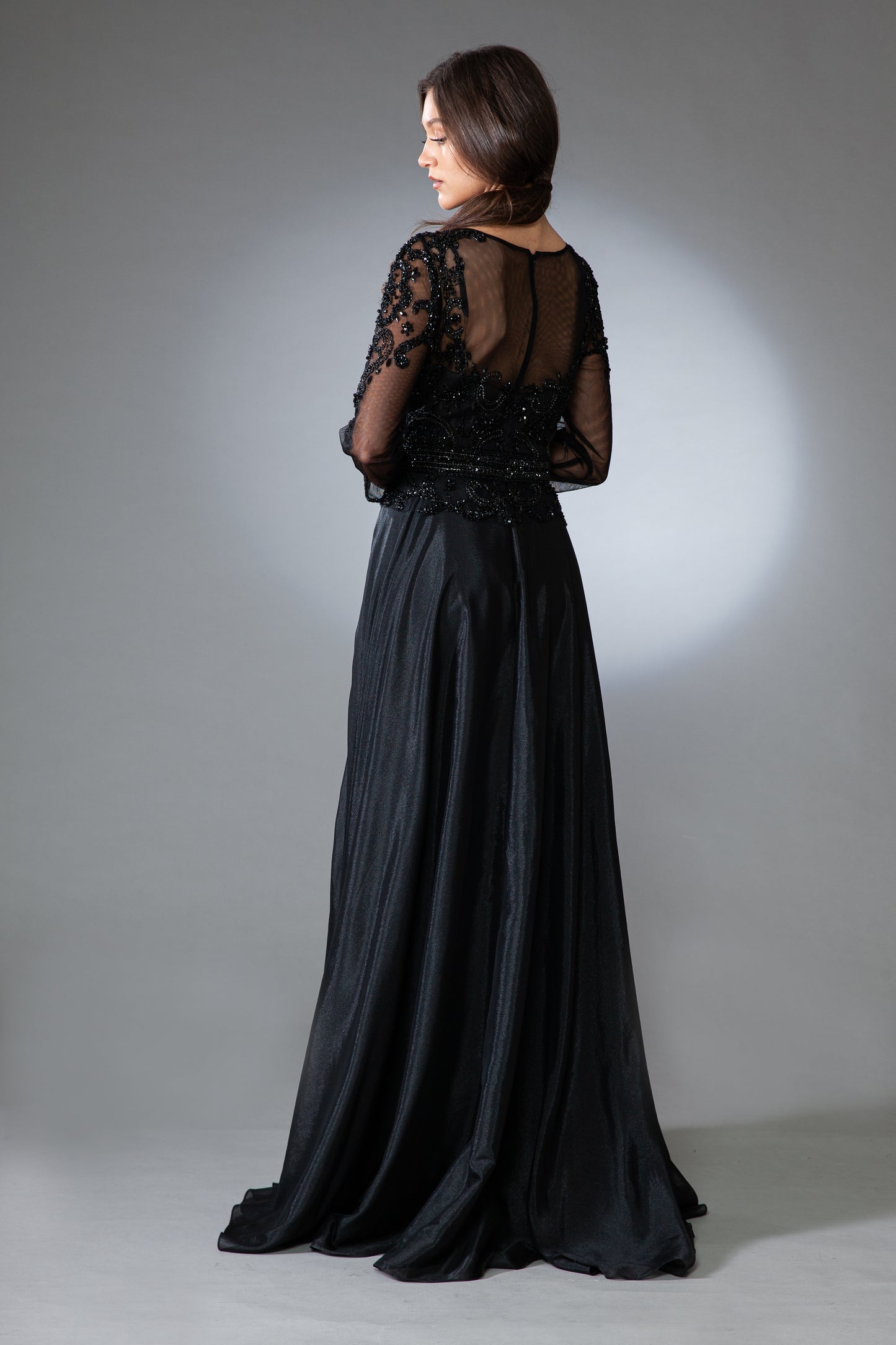 Beaded 3/4 sleeve velvet chiffon gown  by Amelia Couture 7041