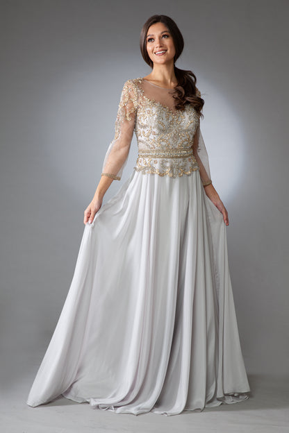 Beaded 3/4 sleeve velvet chiffon gown  by Amelia Couture 7041