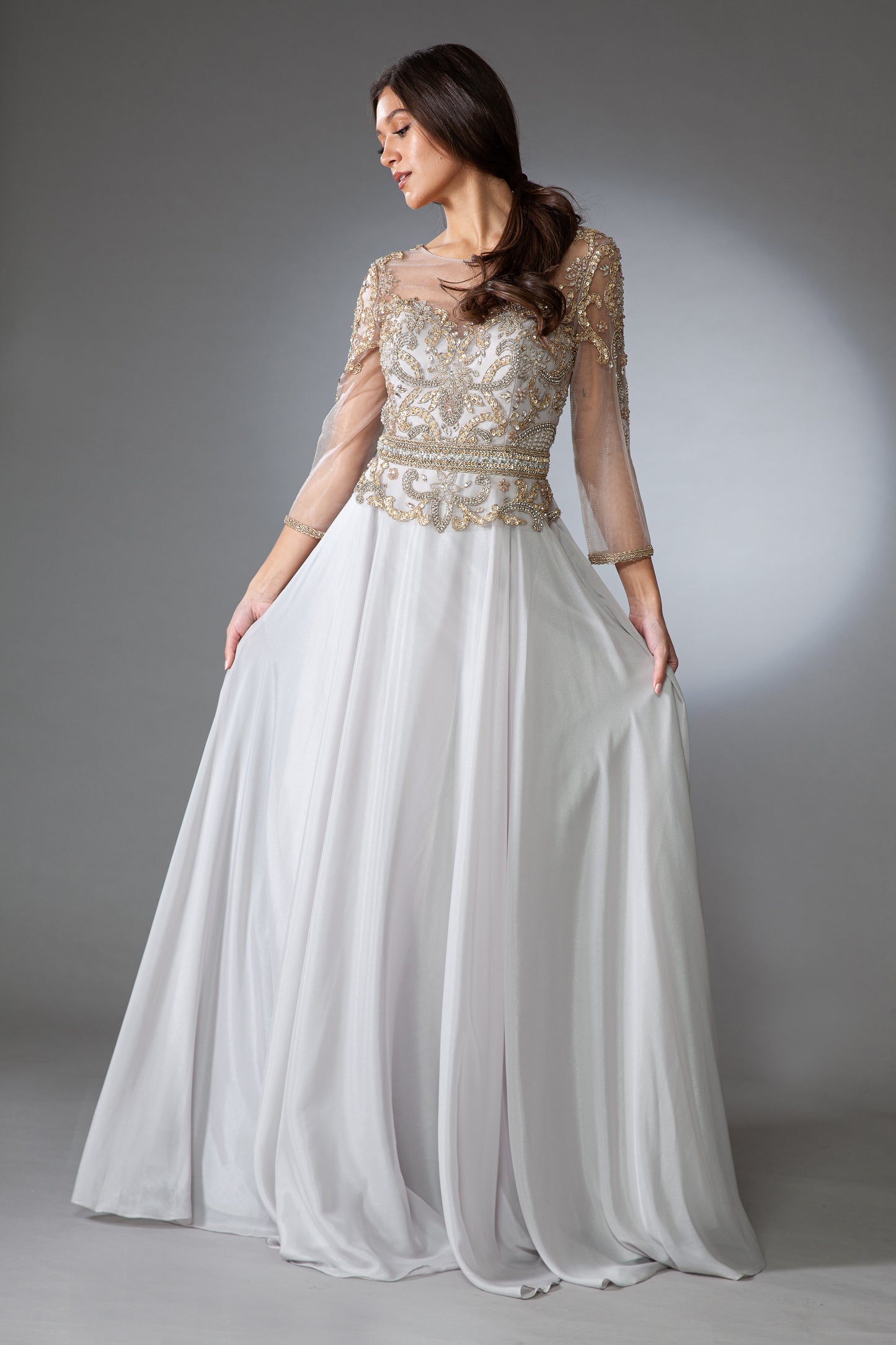 Beaded 3/4 sleeve velvet chiffon gown  by Amelia Couture 7041