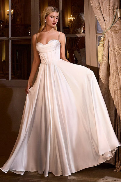 A-Line Satin Bridal Gown with Pleated Neckline, Thin Straps, and Leg Slit by Ladivine 7481W