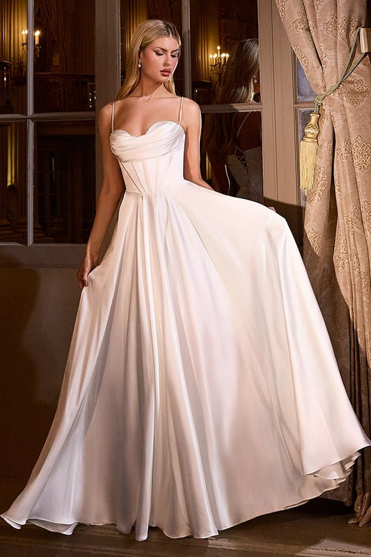 A-Line Satin Bridal Gown with Pleated Neckline, Thin Straps, and Leg Slit by Ladivine 7481W