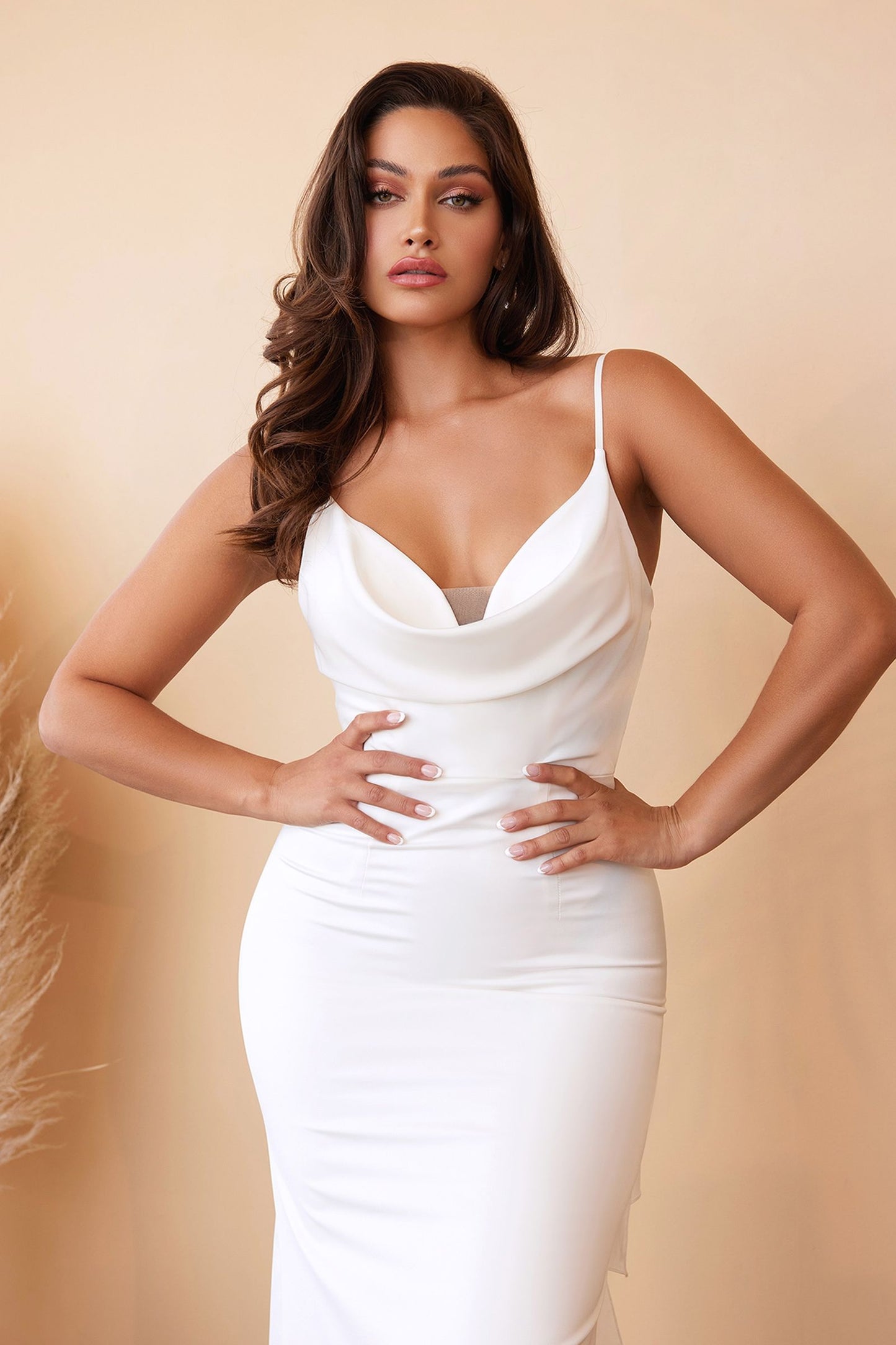 Cowl Neck Satin Gown with Lace-Up Back in Off White by Ladivine 7487W