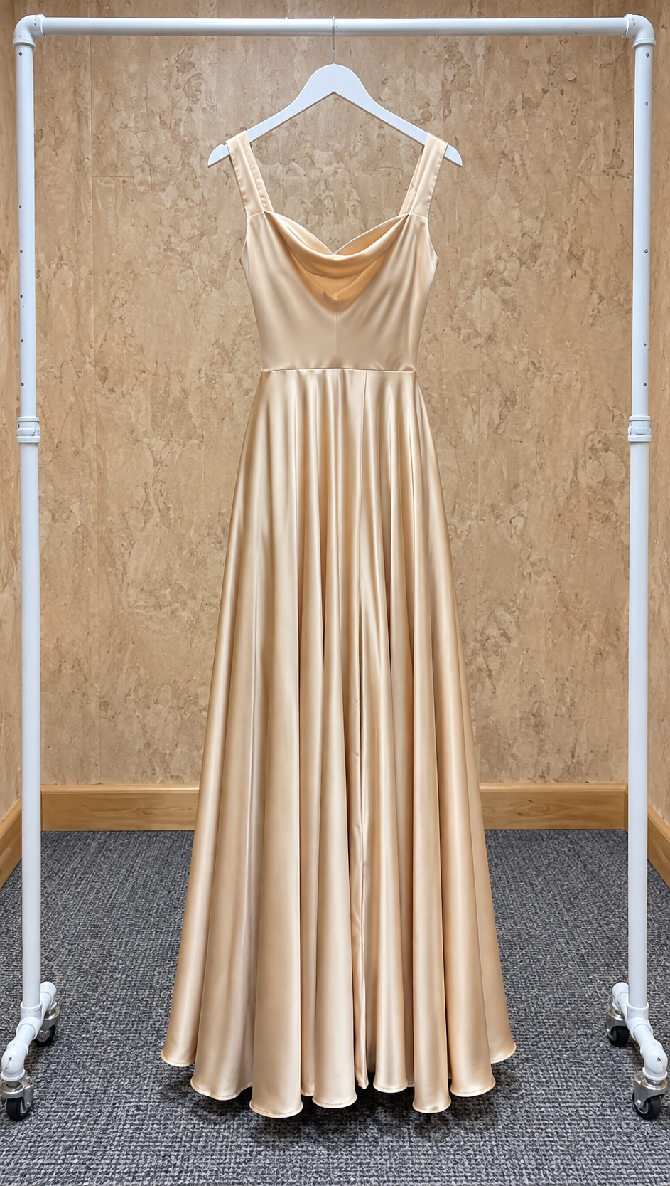 SNKDRESS style 1826 champagne satin A-line evening dress with a cowl neckline and wide shoulder straps