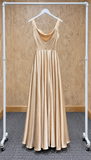 SNKDRESS style 1826 champagne satin A-line evening dress with a cowl neckline and wide shoulder straps