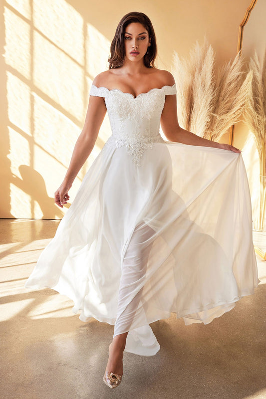 Off Shoulder Satin Ball Gown in Off White by Ladivine 7258W