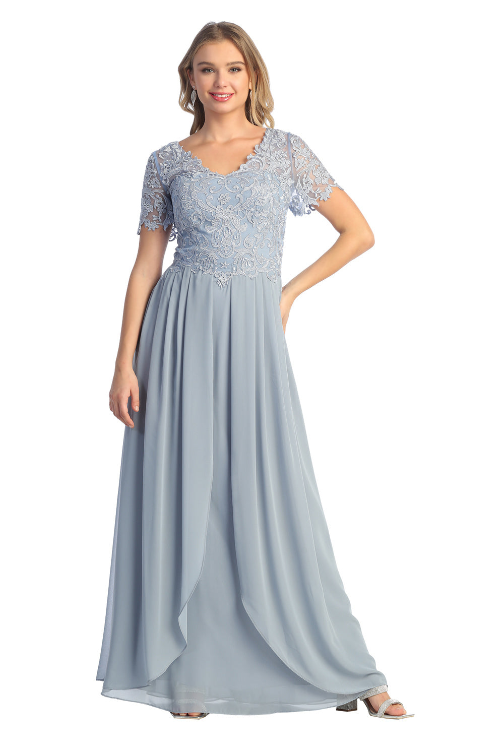 V-Neck Lace Overlay Formal Gown by Cindy Collection 50437