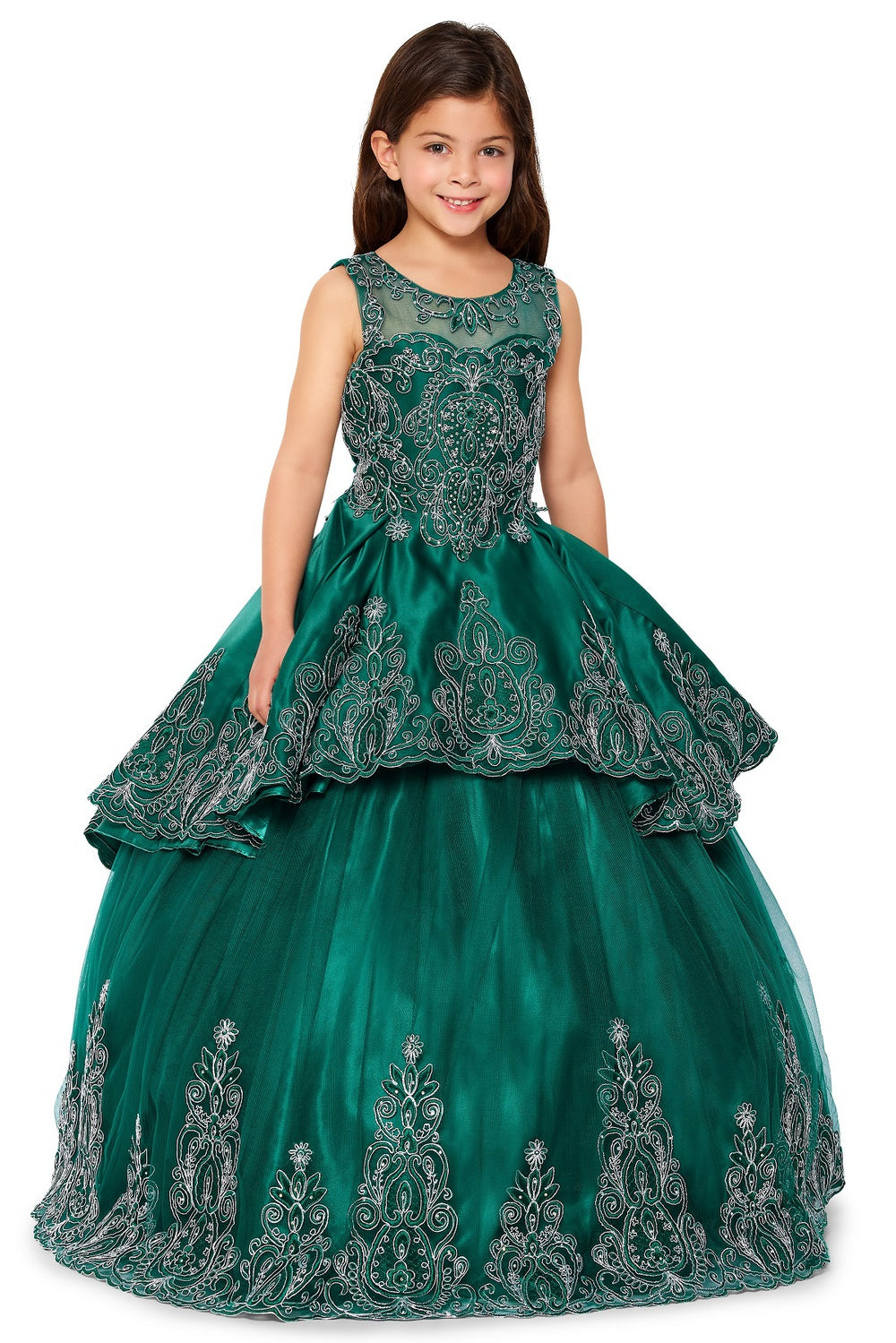 Girl wearing a green formal dress with intricate silver embroidery on a white background .Mini Quince 3-piece metallic embroidered stone dress with bolero | www.snkdress.com