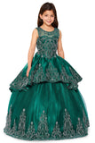 Girl wearing a green formal dress with intricate silver embroidery on a white background .Mini Quince 3-piece metallic embroidered stone dress with bolero | www.snkdress.com