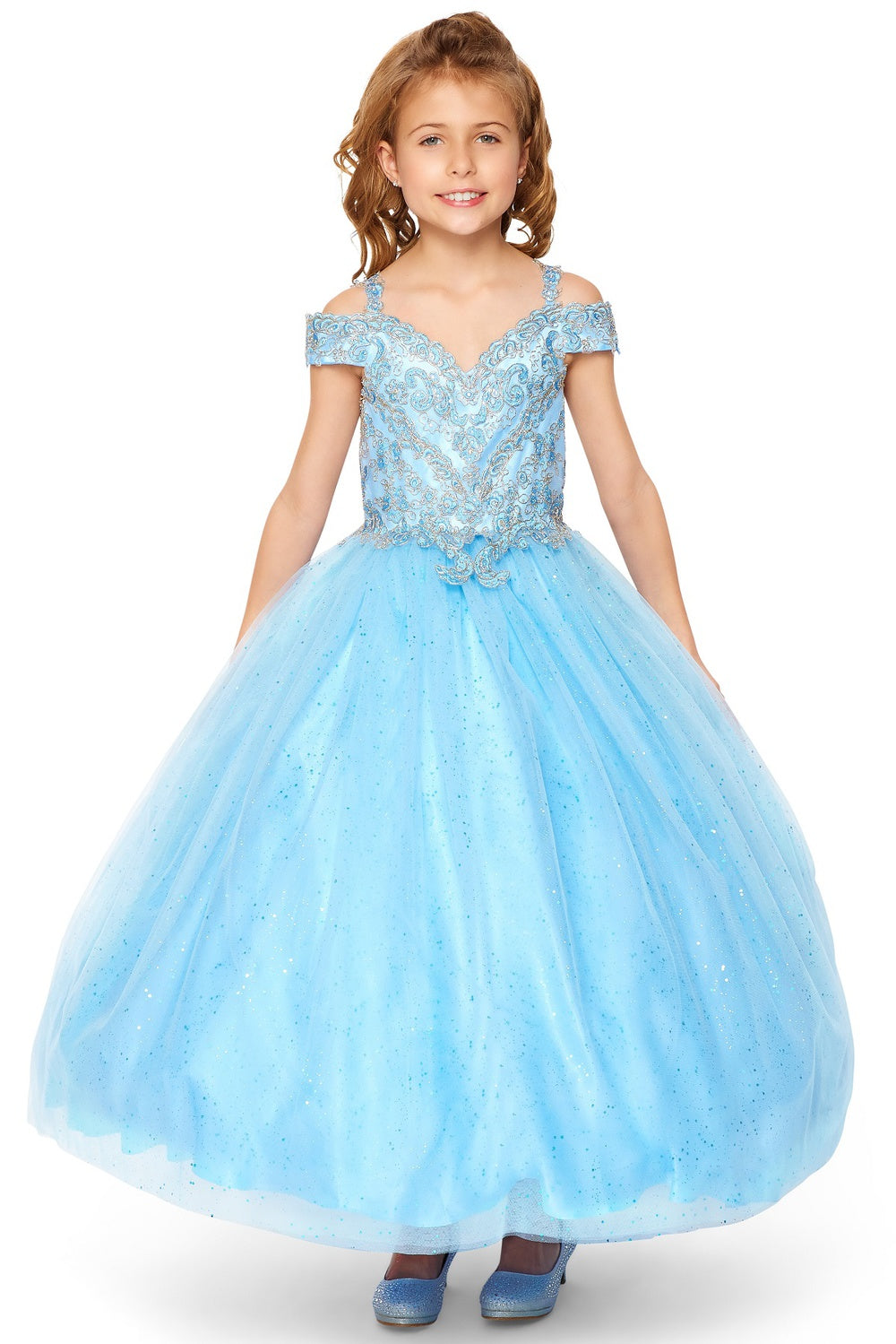 Young girl wearing a blue sequined dress on a white background .mini quinceanera metallic glitter dress with jeweled arm drapes www.snkdress.com