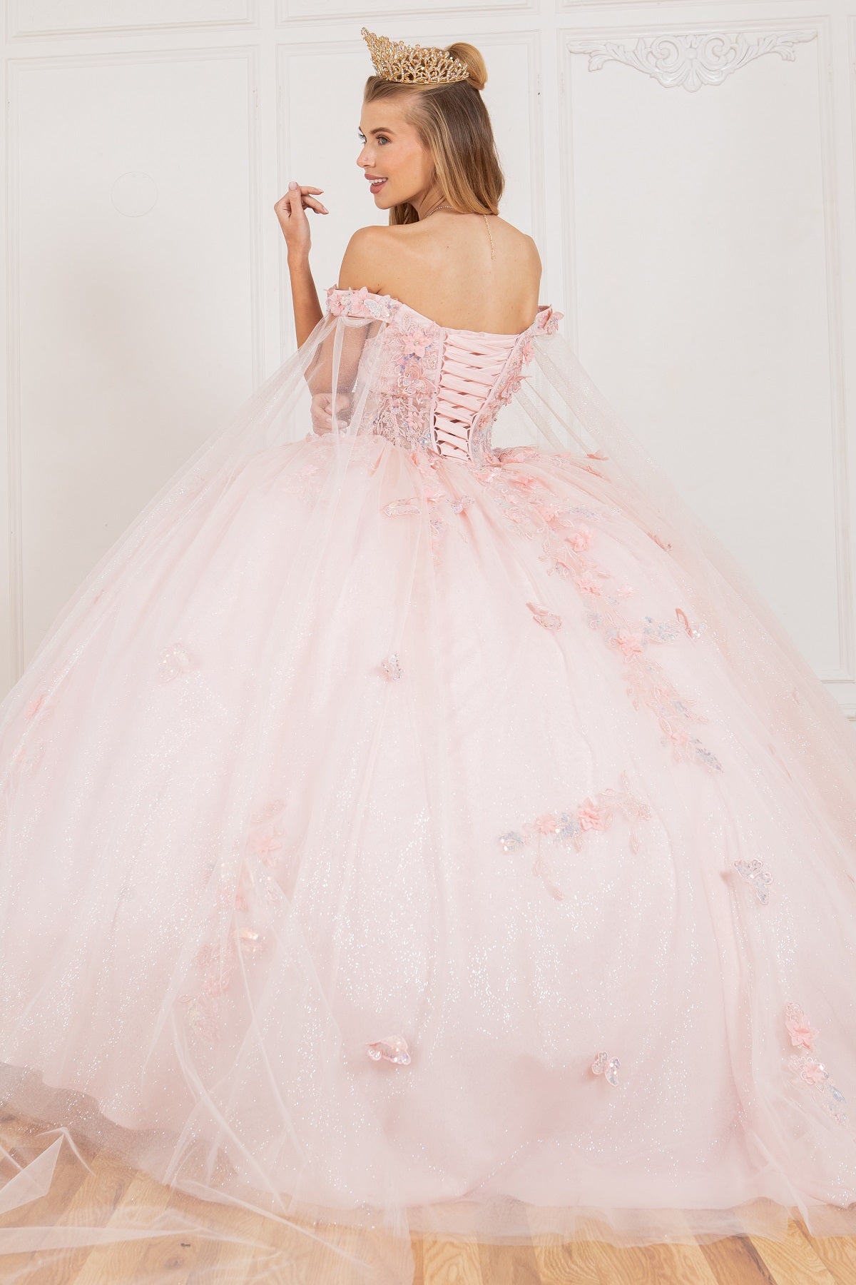 3D Butterfly Ball Gown w/Detachable Train Sleeve by Cinderella Couture 8075J