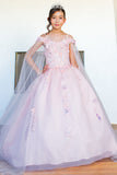 Young girl in a pink floral dress with a tiara indoors.Cinderella Couture 8075X 3D Floral Off-Shoulder Glitter Ball Gown