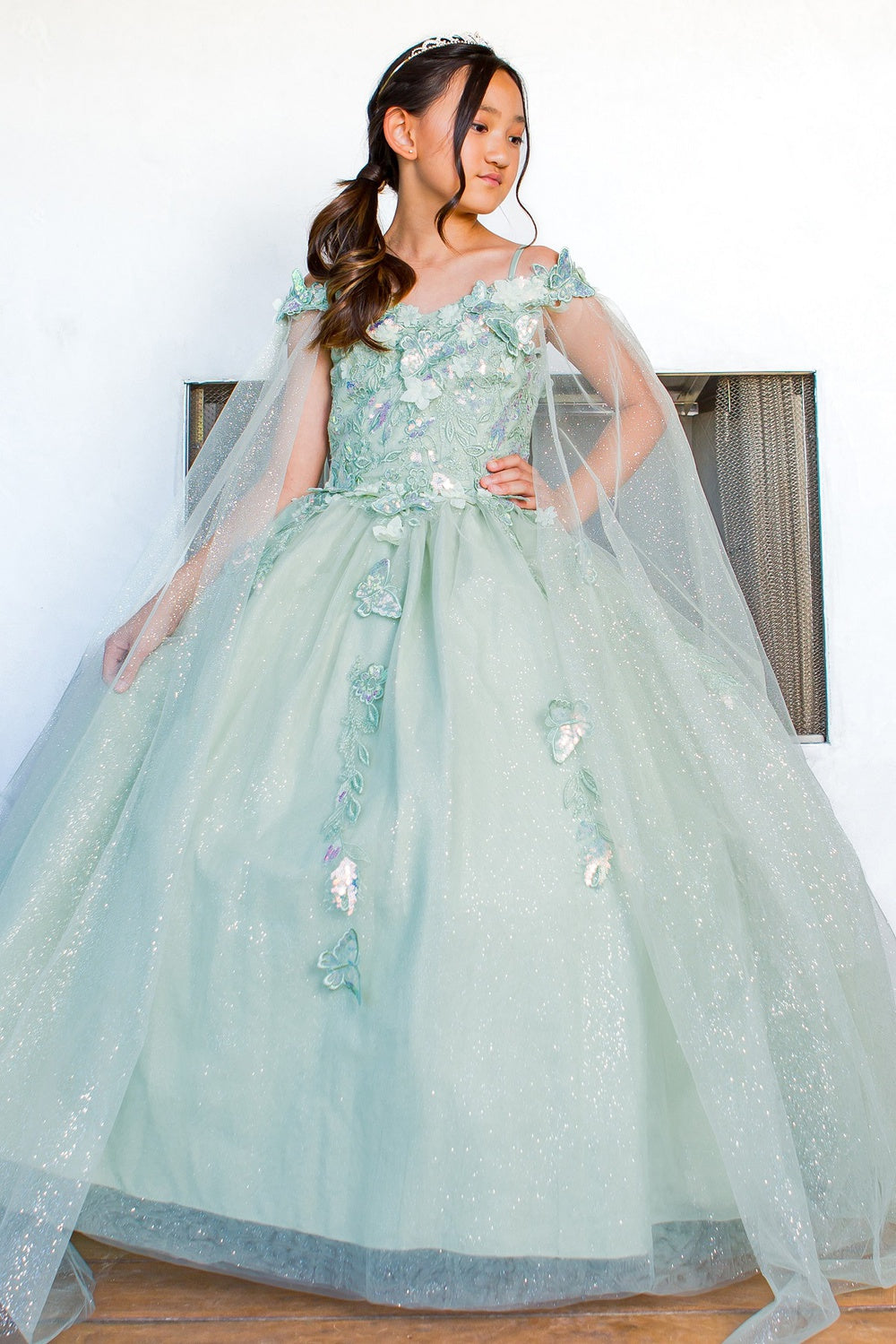 Mini Quince 3D Floral Off-Shoulder Glitter  Dress by Bliss 8075