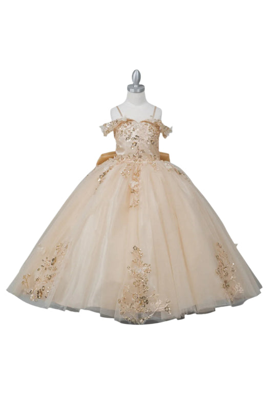 Beige flower girl dress with gold embroidery on a white background.Cinderella Couture 8111 mini quinceanera ball gown dress with sequin glitter tulle and corset back – www.snkdress.com