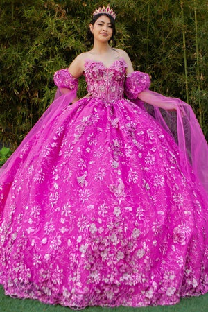 PREORDER Puff Sleeves w/Cape Embroidered Ball Gown by Cinderella Couture 8210J