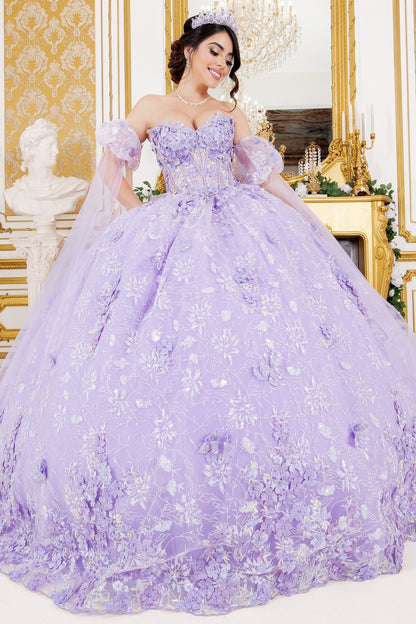 PREORDER Puff Sleeves w/Cape Embroidered Ball Gown by Cinderella Couture 8210J