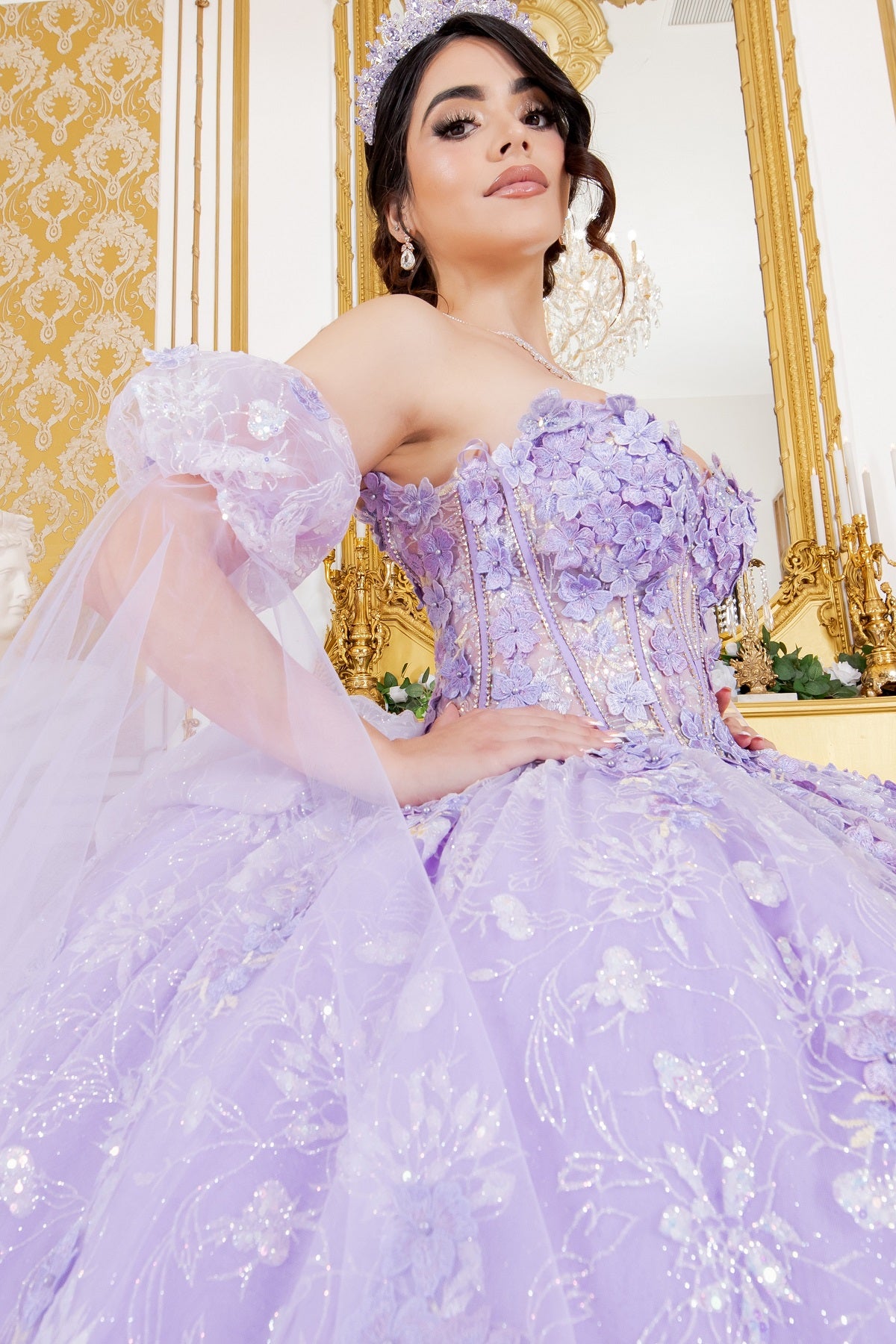 PREORDER Puff Sleeves w/Cape Embroidered Ball Gown by Cinderella Couture 8210J