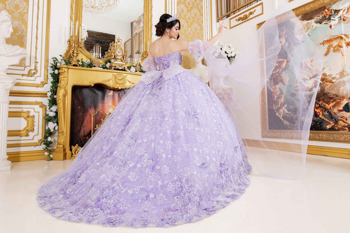 PREORDER Puff Sleeves w/Cape Embroidered Ball Gown by Cinderella Couture 8210J