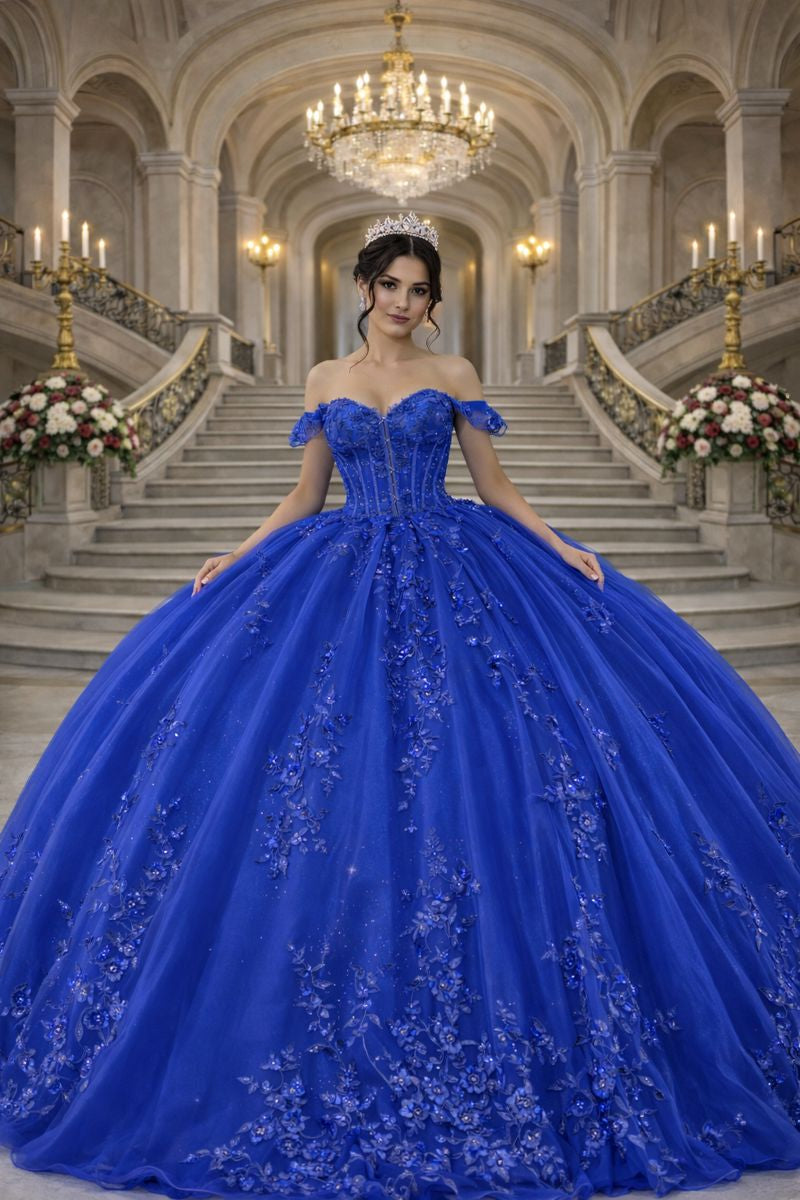 Off-Shoulder Floral Sleeve Quinceanera Ball Gown by Queen Collection 5000382