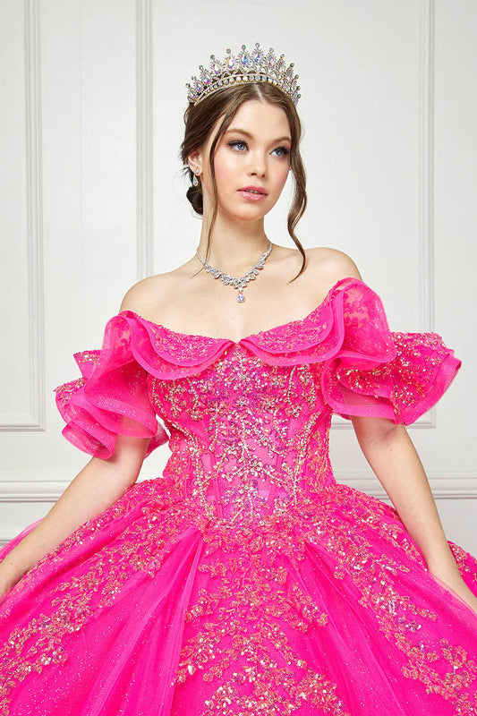 Tulle Off Shoulder Hot Pink Ball Gown by Bella Princess Couture PQ1042