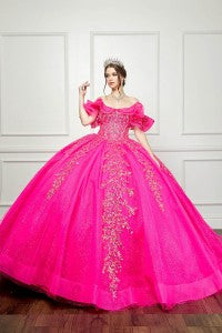 Tulle Off Shoulder Hot Pink Ball Gown by Bella Princess Couture PQ1042