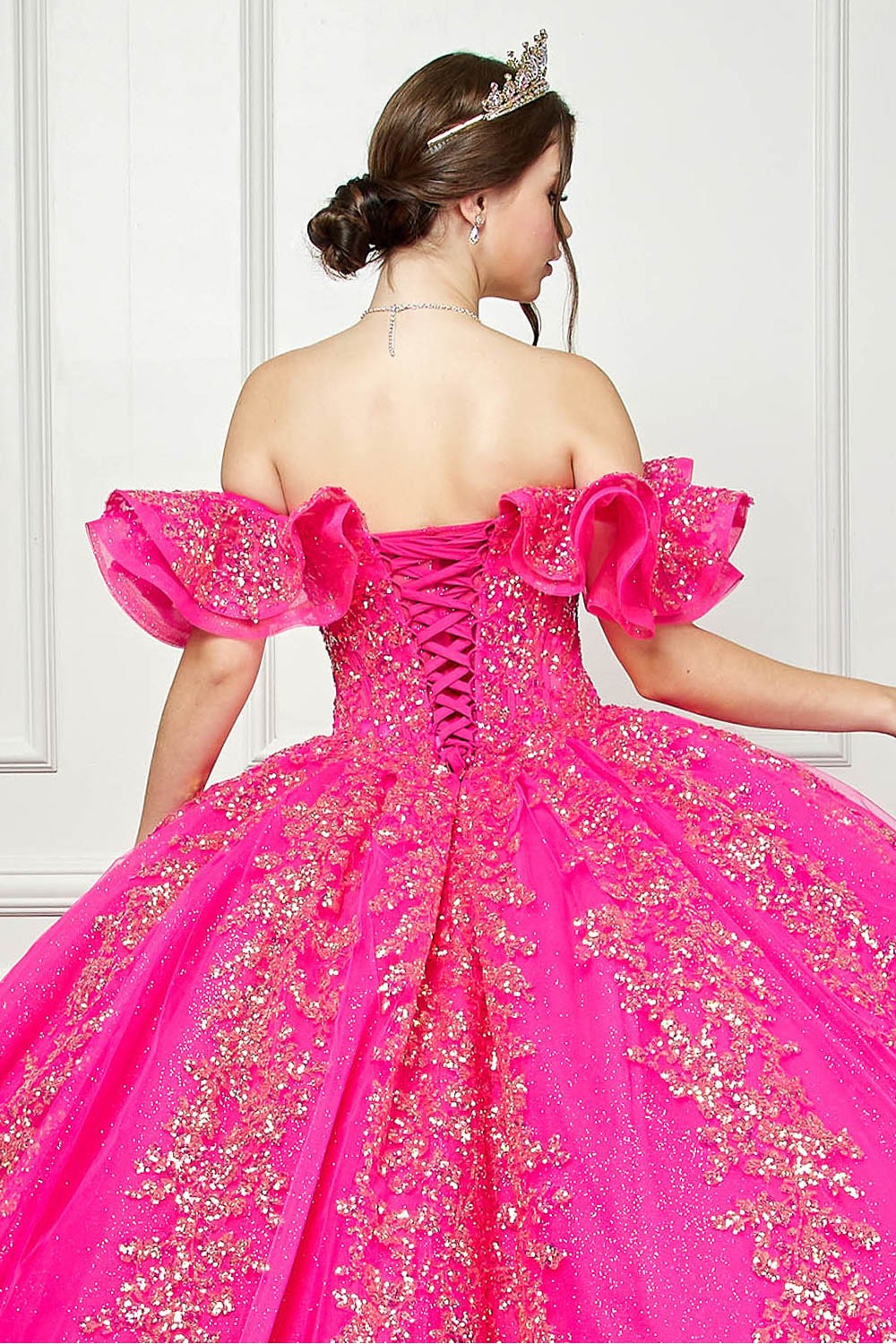 Tulle Off Shoulder Hot Pink Ball Gown by Bella Princess Couture PQ1042