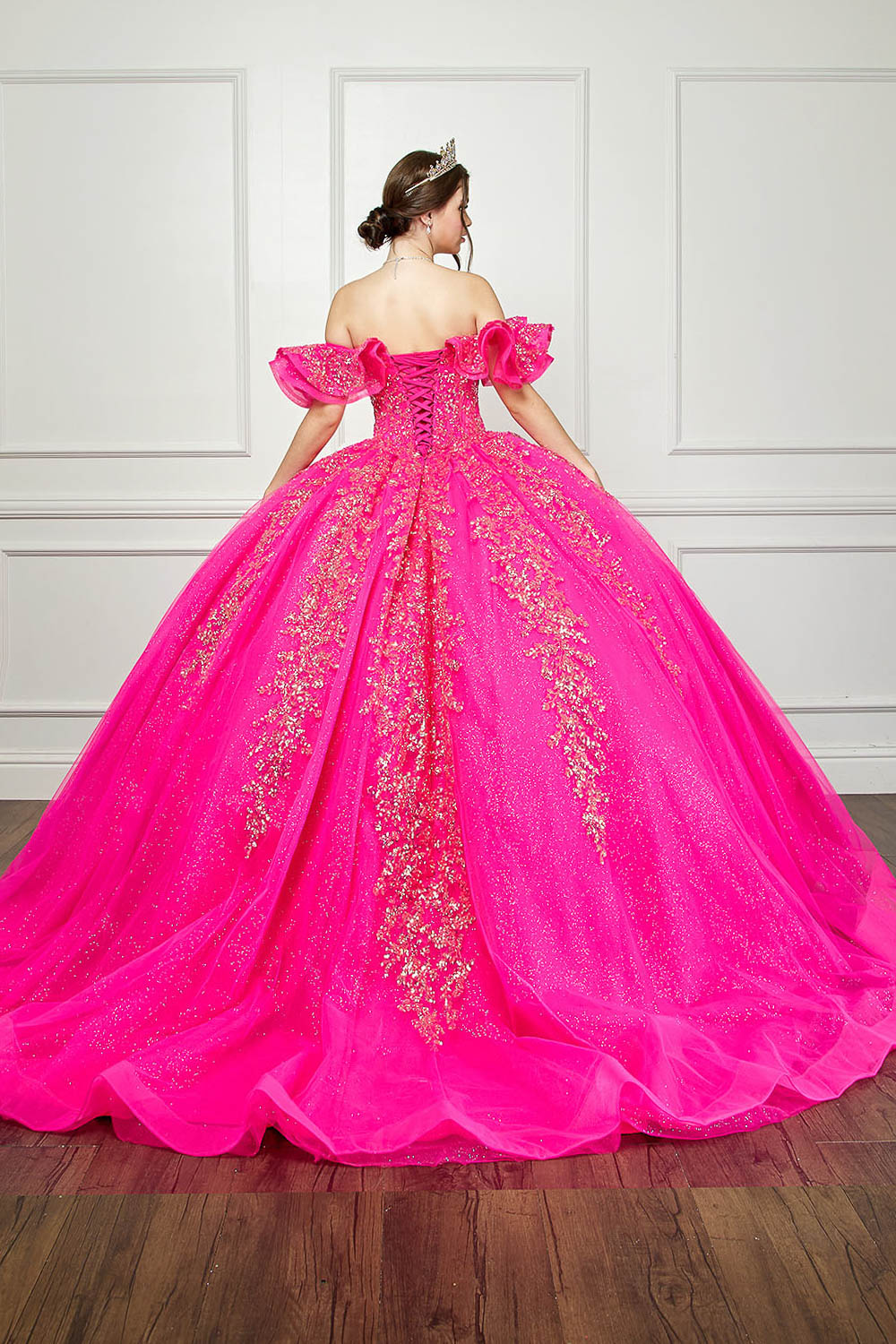 Tulle Off Shoulder Hot Pink Ball Gown by Bella Princess Couture PQ1042