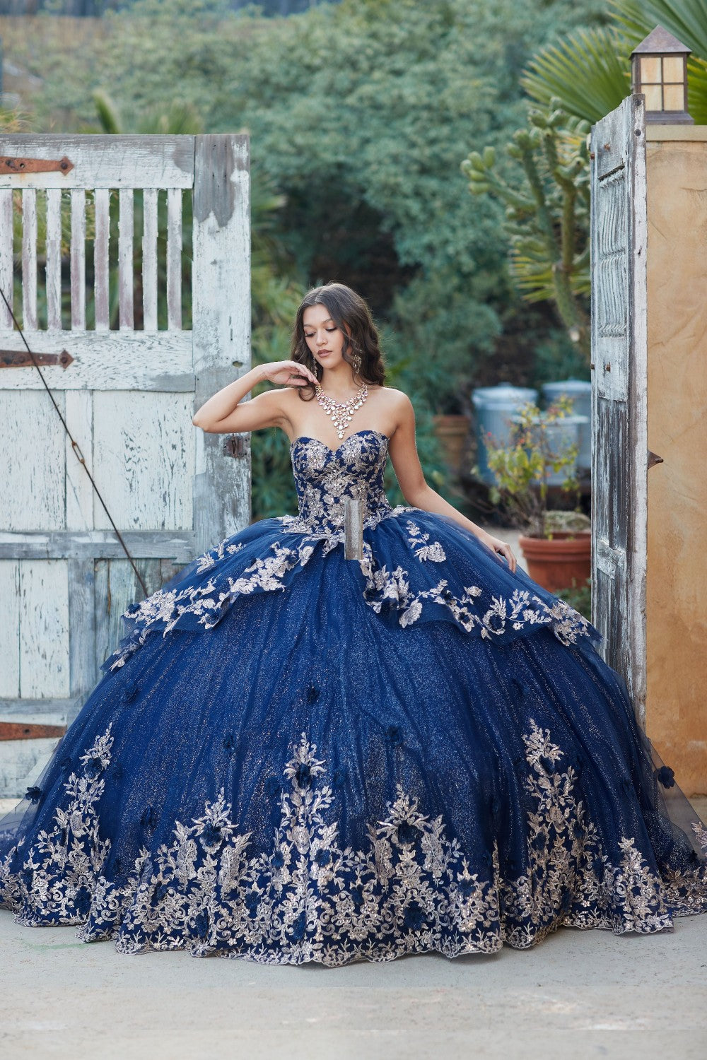 Sweetheart Gold Embroidered Tiered quinceanera gown by Bella Princess Couture PQ1051