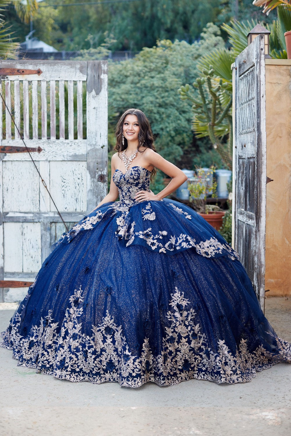 Sweetheart Gold Embroidered Tiered quinceanera gown by Bella Princess Couture PQ1051