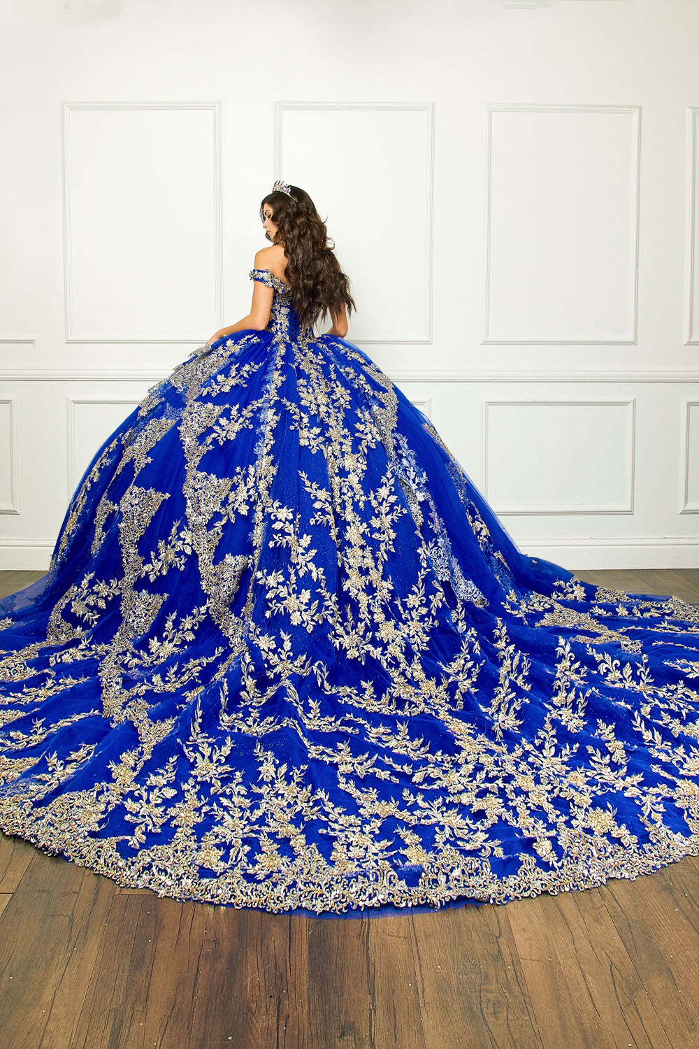 Sweetheart Off Shoulder Embroidered Dress w/Cathedral Tail by bella princess couture pq1055