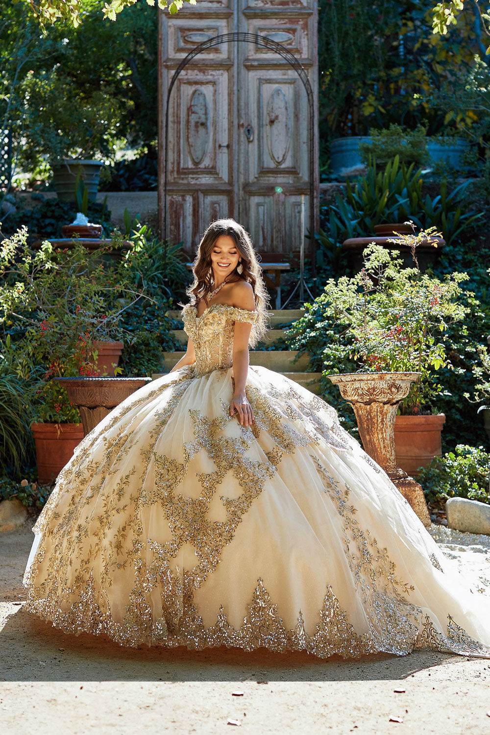 princess couture dress Applique Off Shoulder Corset Ball Gown by Petite Adele PQ1055 S / Gold