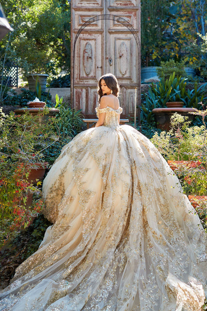 Sweetheart Off Shoulder Embroidered Dress w/Cathedral Tail by bella princess couture pq1055