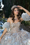 Grey Gold Sparkle Tulle Ball Gown by Bella Princess Couture PQ1078