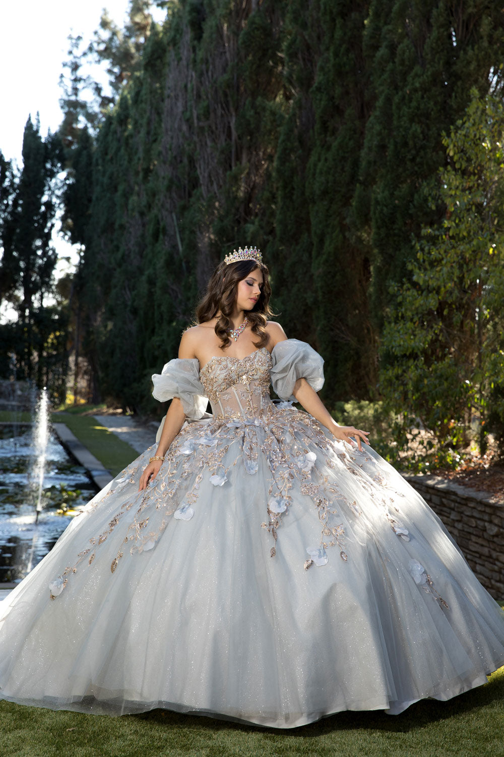 Grey Gold Sparkle Tulle Ball Gown by Bella Princess Couture PQ1078