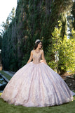 "Quinceañera dress in blush rose gold. Elegant ball gown for 15th birthday. Features lace details and sequins."