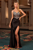 silver beaded fitted gown with corset bodice and slit by Cinderella Divine CC408 – www.snkdress.com